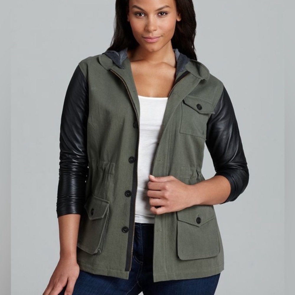 JET By John Eshaya Army Utility Green Cotton Jacket w/ Black Leather Long Sleeve